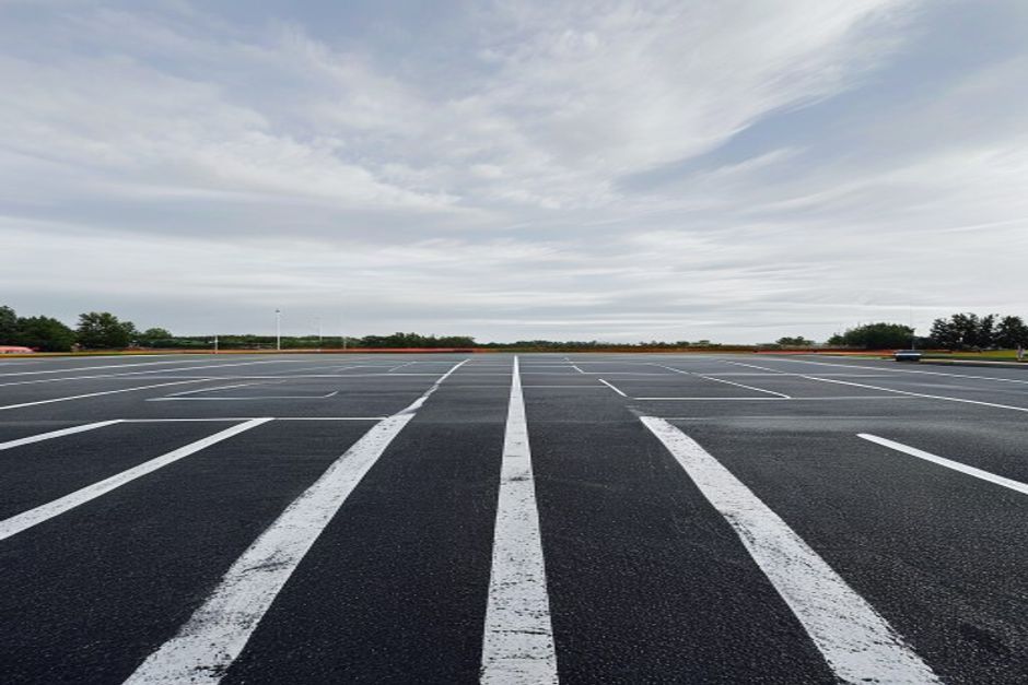 Commercial parking lot, freshly paved